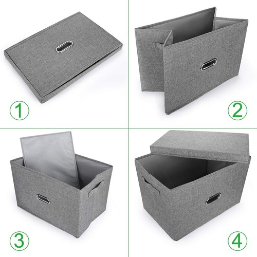 Linen Fabric Collapsible Storage Bins with Removable Lids and Handles, Washab... - Picture 3 of 7