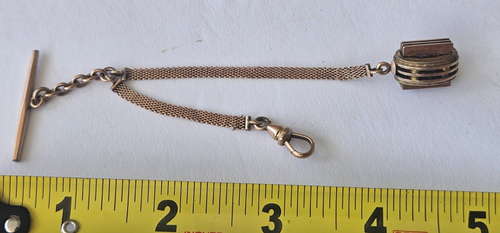 Antike RFS & Co. T-Bar Taschenuhr Mesh Kette Gelbgold PL mit Charm Anhänger - Bild 5 von 5