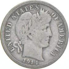1914-D Barber Dime 90% Silver Average Circ