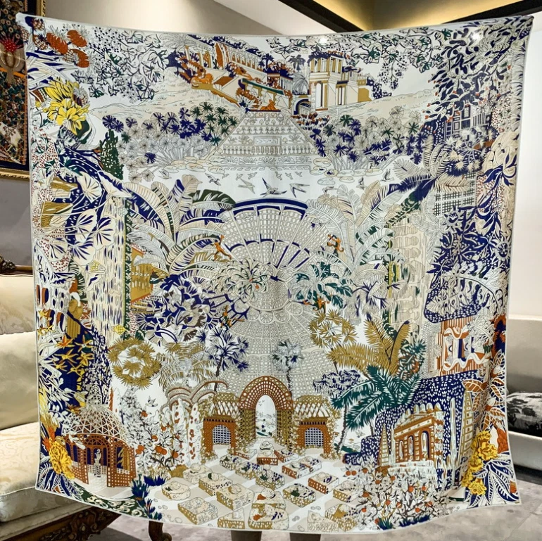 70% Cashmere 30% Silk Green heaven Print 135X135cm Scarf Double Face Wrap Shawl  - Image 2 of 4