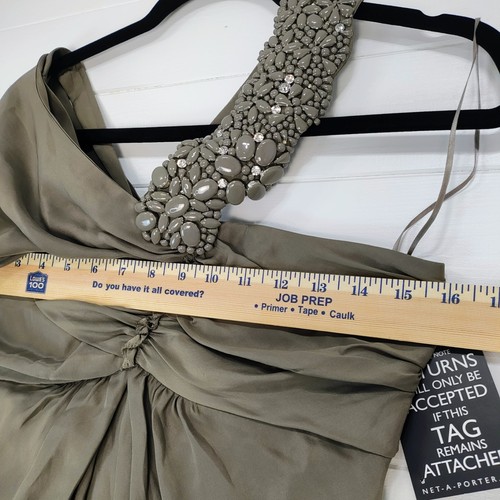 NWT THURLEY 100% Silk Draped Midi Cocktail Dress Taupe Asymmetrical Size 10 - Picture 13 of 17
