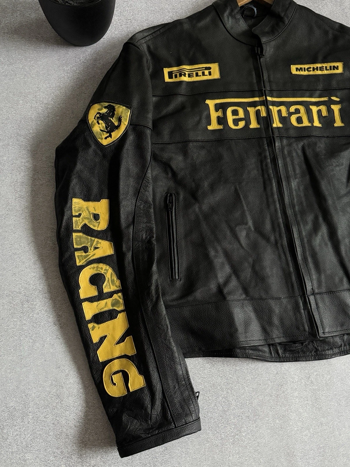Vintage Ferrari Leather Biker Jacket Racing Black-Yellow Formula 1 Michelin image 3