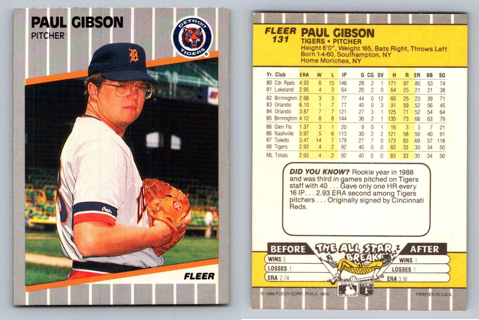 Paul Gibson Pitcher Detroit Tigers Fleer 1989 Card 131 Sports Memorabilia