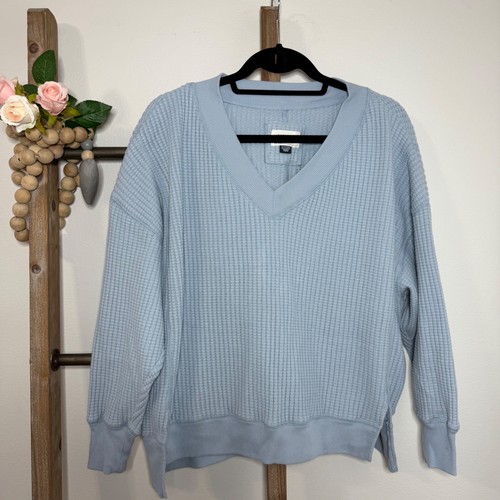 American Eagle übergroßes blaues Waffelmuster-Strick-Sweatshirt mit V-Ausschnitt Größe XL - Bild 2 von 8