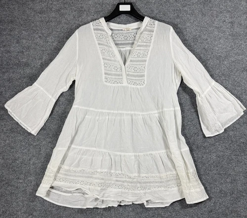 OFF WHITE Camicia elegante cotone blu donna XL bianco sporco maglia cottage bohemien