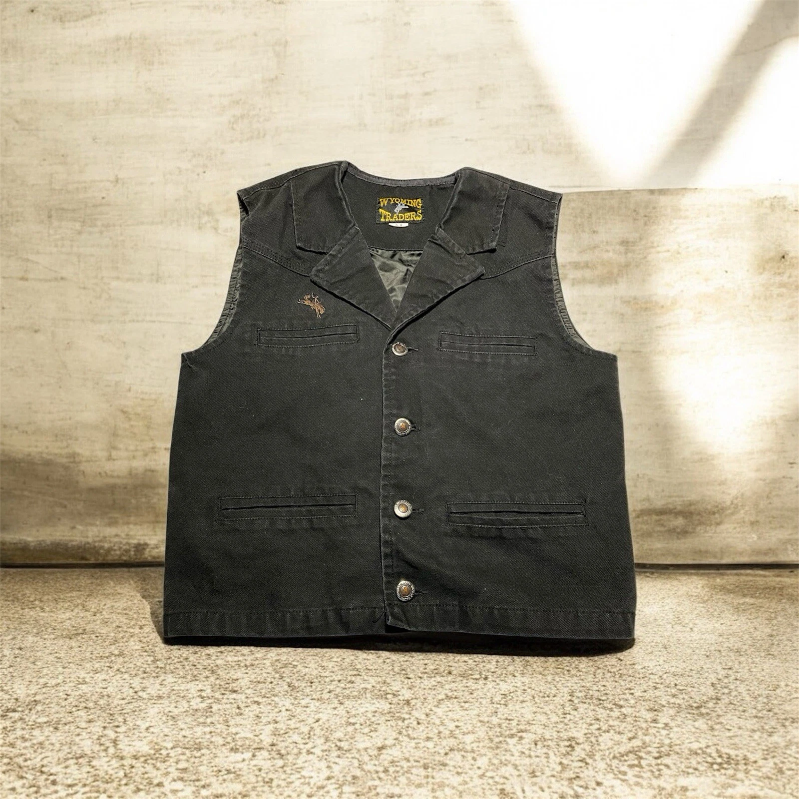 Wyoming Traders Western Ranch Black Canvas Button Cowboy Vest Youth Size 6-8