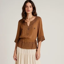 Vintage Y2K Polo Jeans Co Silk Top M Brown Beaded Whimsigoth Fairycore  Blouse