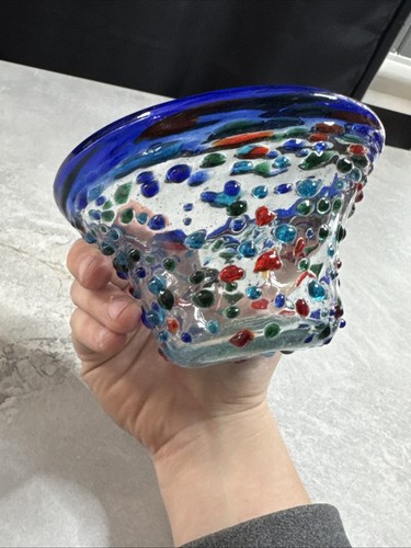 Hand Blown Art Cobalt Blue Rim Glass Bowl Pebble Bubble Small Bowl Gc4 - Bild 4 von 9