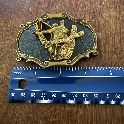 Vtg Hunter Brass Leather Belt Buckle Bowhunting Archery Arrow Raintree USA 70s - Bild 6 von 9