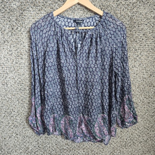 Lucky Brand Top Womens Large Blue V Neck Tie Boho Peasant Blouse Ladies Casual