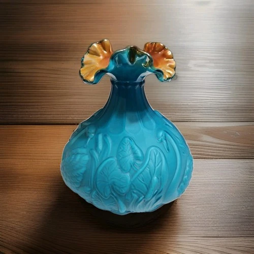 Vtg Fenton Azure Blue w/ Gold interior Swan Cattails Pond Vase Limited Edition