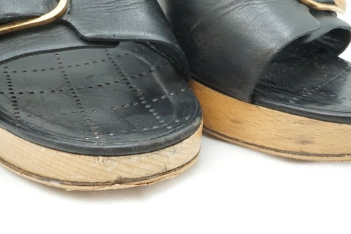 CHANEL 36 Mules Sandals Shoes Heel Coco Mark Chocolate bar Leather Black 1580i - Picture 2 of 10