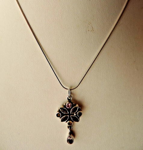 NICE 925 SILVER NECKLACE WITH MULTI GEMSTONE + 19" INCH. LONG 925 CHAIN - Picture 5 of 10