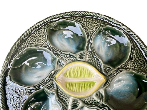 Vintage French Majolica Oyster Plate Saint Clément 1930 Art Deco Faience - Picture 2 of 6