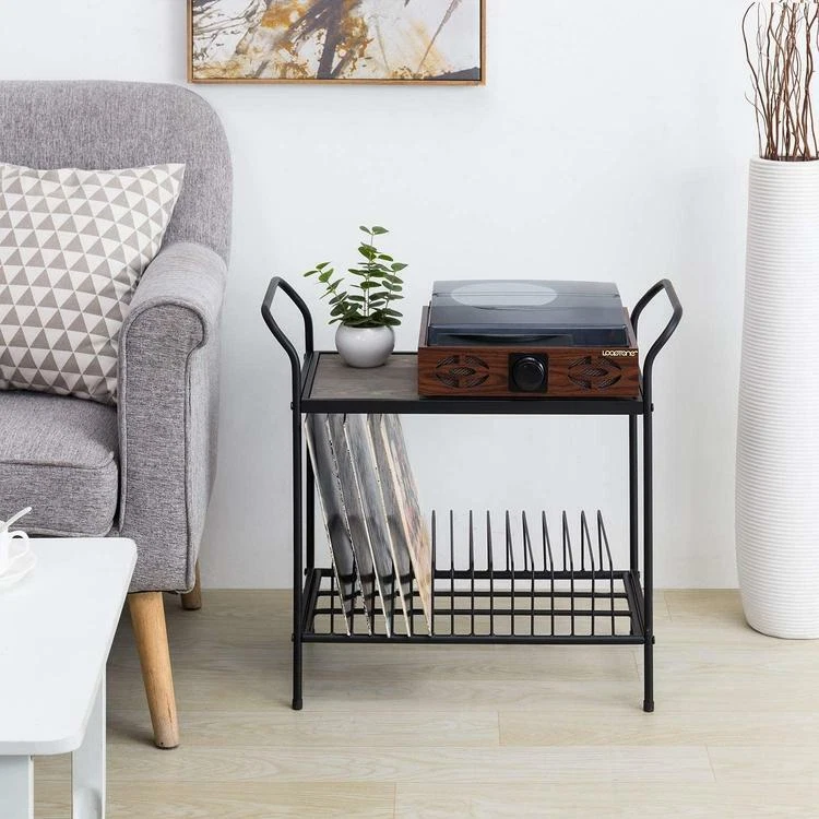 Gray Wood & Black Metal Turntable Record Player Stand with 14 Slot Vinyl Storage - Image 2 of 4