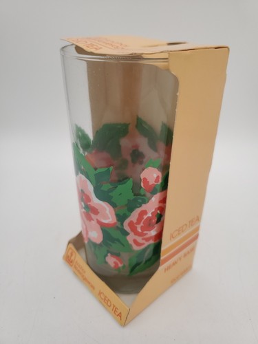 Vintage Anchor Hocking Getränkegeschirr 16 Unzen Eistee Glas Becher rote Blumen NEU - Bild 2 von 5