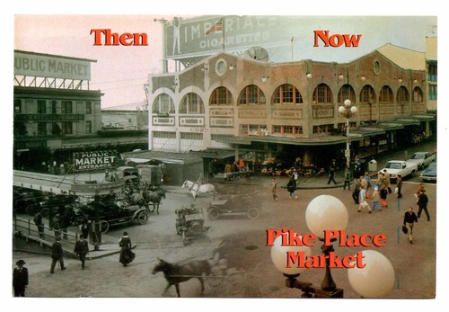 Pike Place Market Washington Postcard Seattle Then Now Horse Carriage Cars New