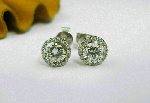 2 Ct Round Lab-Created Diamond Halo Stud Earrings 14K White Gold Plated Silver - Picture 3 of 4