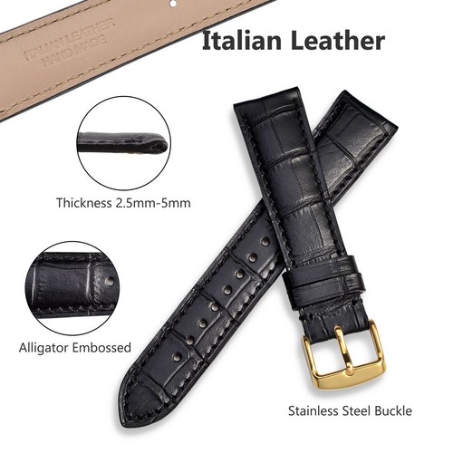 Correa de reloj italiana de cuero en relieve WOCCI 14 18 19 20 21 22 24 26 mm hebilla de oro - Imagen 21 de 70