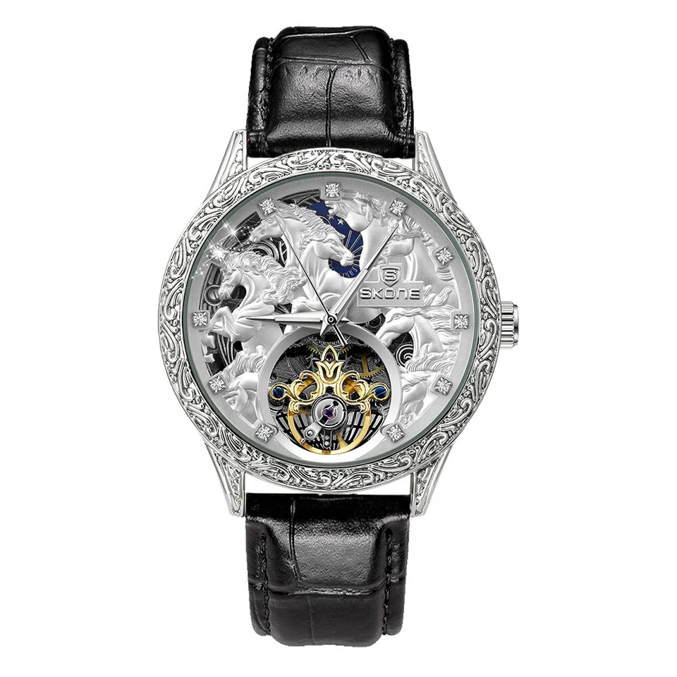 Relojes mecánicos automáticos para hombre correa de cuero informal impermeable mano luminosa Foto 2 de 4