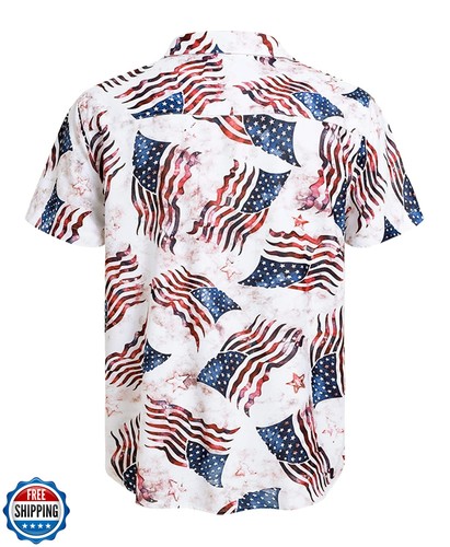 Men's Regular Fit USA Flag Button Shirt Fourth of July Aloha Blouse Memorial - Picture 2 of 5