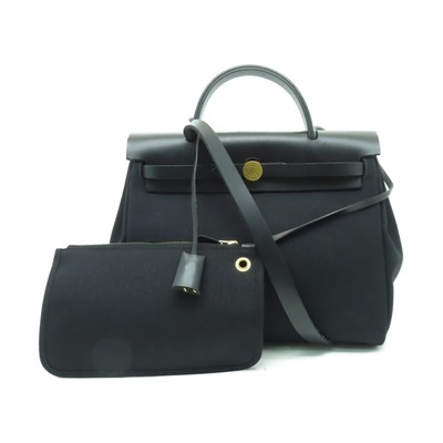 HERMES GHW Herbag PM 2 Way Shoulder Bag Canvas Black