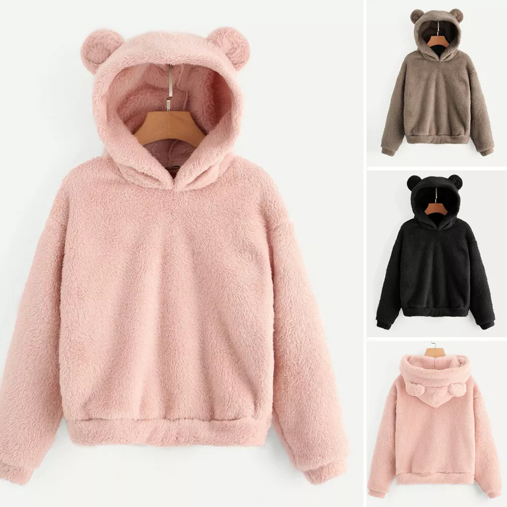 Womens Fleece Fur Winter Warm Teddy Bear Ear Jacket Coat Hoodie Outwear Oversize