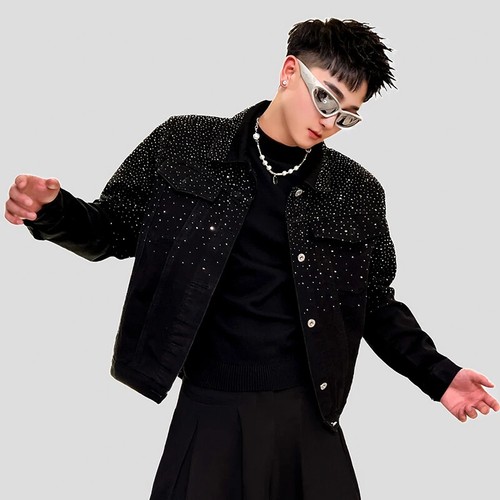 Lo último Hombres Lujo Bordado Estrás Moda Jeans Chaqueta Alta Calidad Fiesta - Imagen 4 de 8
