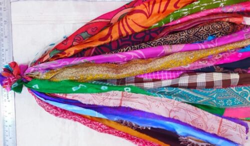 ON 12 yards Unstitched Recycled PURE Silk Sari Ribbon Yarn tassels MIXED SKEINS - Picture 2 of 4