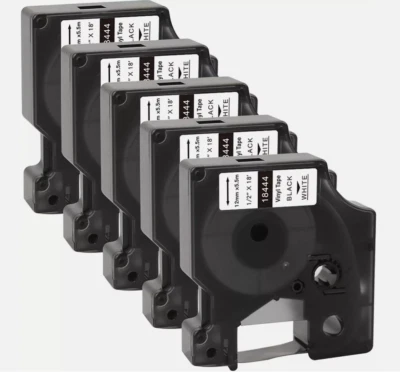 LABLEKINGDOM 5PK Vinyl Label Tape 18444 12mm Black / White for DYMO RHINO 1000 3000 4200 5000