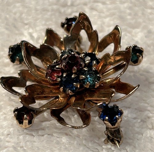 Floral Pin Back Broach Vintage 1/20-12K Gold Filled 11 Rhinestones Flower Signed - Picture 7 of 9