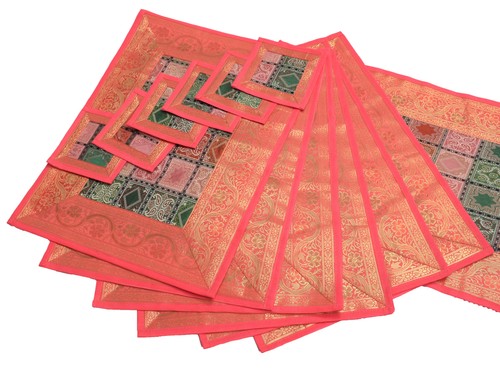 13-tlg. Esstisch Läufer Matte Set Dekor Banarasi Seide Brokat Paisley Mehrfarbig - Bild 2 von 9