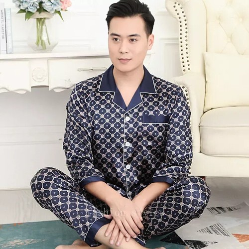 Luxury Mens Silk Satin Pajamas Set Soft Pyjamas Long Sleeve Sleepwear Loungewear - Picture 3 of 74