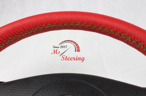 FOR PLYMOUTH NEON 96-01 RED LEATHER STEERING WHEEL COVER, GREEN 2 STIT - Picture 4 of 6