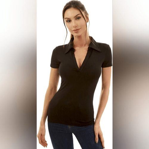 AmelieBoutik Damen Poloshirt Kragen V-Ausschnitt Kurzarm Schwarz M