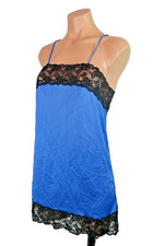 VTG 80s 90s Dress Slip Nylon Blue Chemise Lace Nightgown Lingerie Negligee Sz S