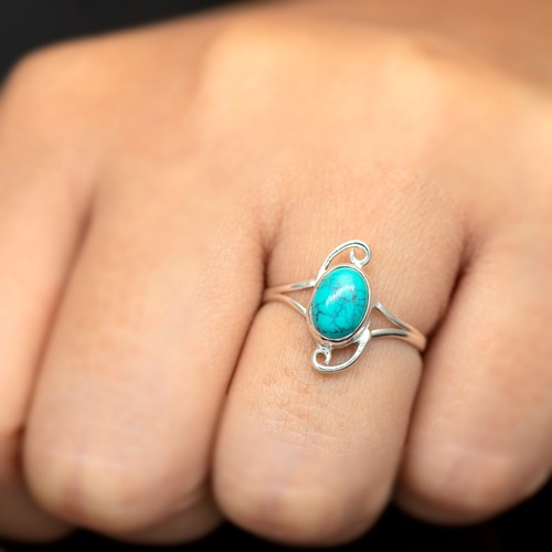 925 Sterling Silver Ladies Turquoise Oval Cabochon Gemstone Ring Boxed Jewelry - Picture 2 of 6