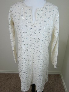 Raj-Tunic-Dress-White-Ivory-Sequins-Embroidered-XL-Cotton-Ethnic-India-Wedding