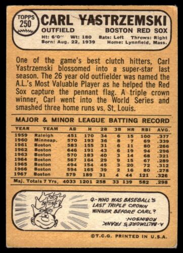 1968 Topps Carl Yastrzemski VG-VGEX Red Sox #250 *Noles2148* - Picture 2 of 2