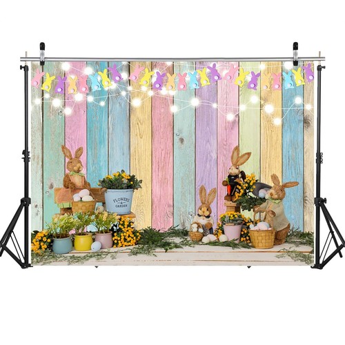 7X5ft Easter Backdrop Colored Wood Backdrop Easter Rabbit Colorful Eggs Photo... - Picture 5 of 7