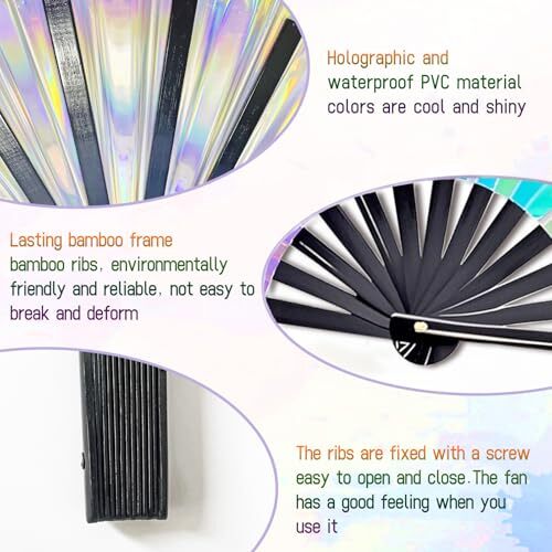 Large Folding Hand Rave Fan,Clack Handheld Fan,Holographic Colors Hand Laser - Picture 4 of 7