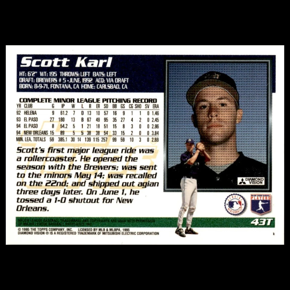Scott Karl Rookie #43T 1995 Topps Traded - Rookies Milwaukee Brewers Baseball NM - Image 2 of 3