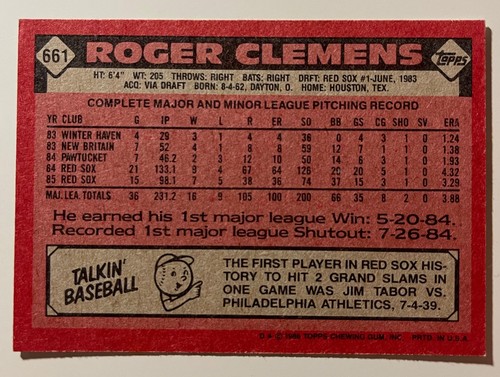 1986 Topps #661 Roger Clemens Boston Red Sox Baseball Card - Picture 2 of 2