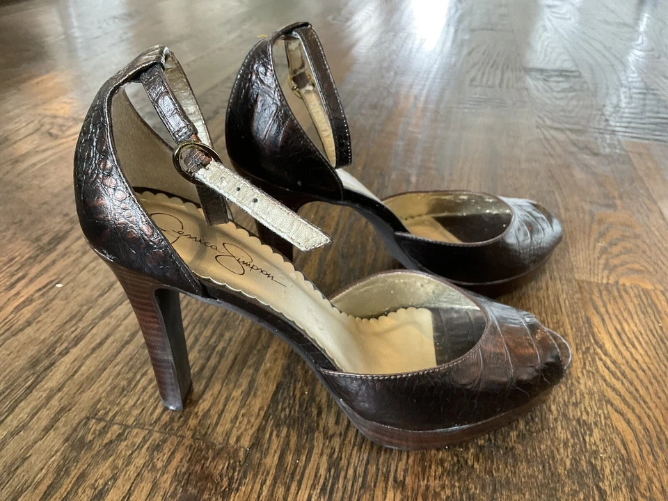 Jessica Simpson 女式棕色皮革露趾踝带 Croc 美国尺码 7.5 B — 第 2/4 张图片