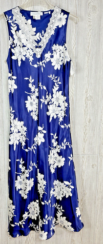 NWT Oscar De La Renta Blue Floral Lace Neck Detail Long Slip Dress Nightgown - Picture 2 of 11