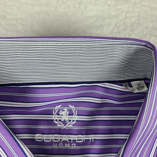 Bugatchi Uomo Dress Shirt Mens 17 36/37 Purple White Striped Button Up EC - Picture 4 of 10