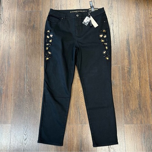NEW CHICO’S So Slimming BLACK Leopard Embellished Girlfriend Ankle Jeans SZ 10 - Picture 3 of 8