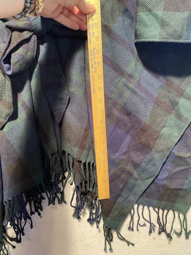 Land's End Poncho Open Shawl Cape One Size Green Black Wrap Belted Poncho Fringe - Picture 4 of 6