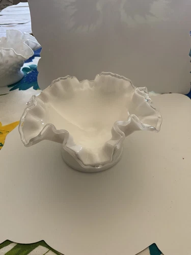 Vintage Fenton White Milk Glass Silver Crest Ruffled Edge Pedestal Compote