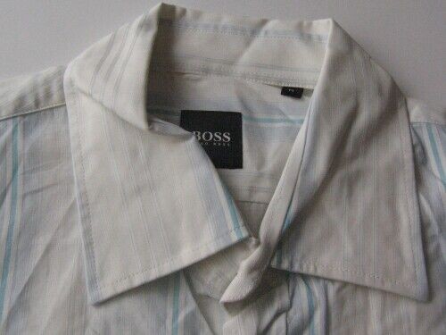 C1559 HUGO BOSS Chemise à Manches Courtes Taille M Blanc Rayures comme Neuf - Photo 1/1